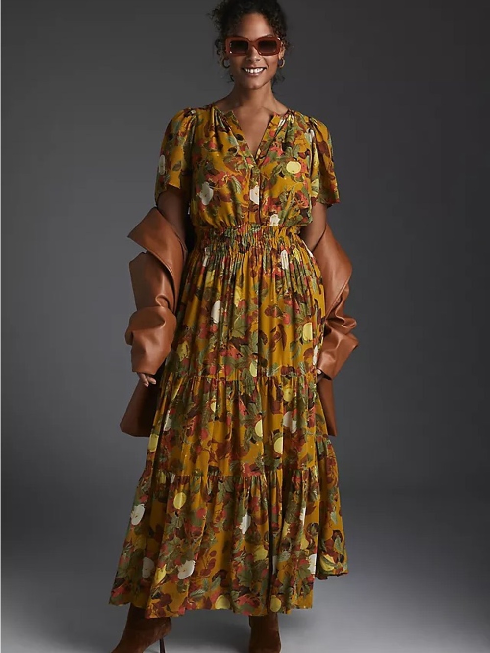 Anthropologie Mustard Floral Tiered Maxi Dress